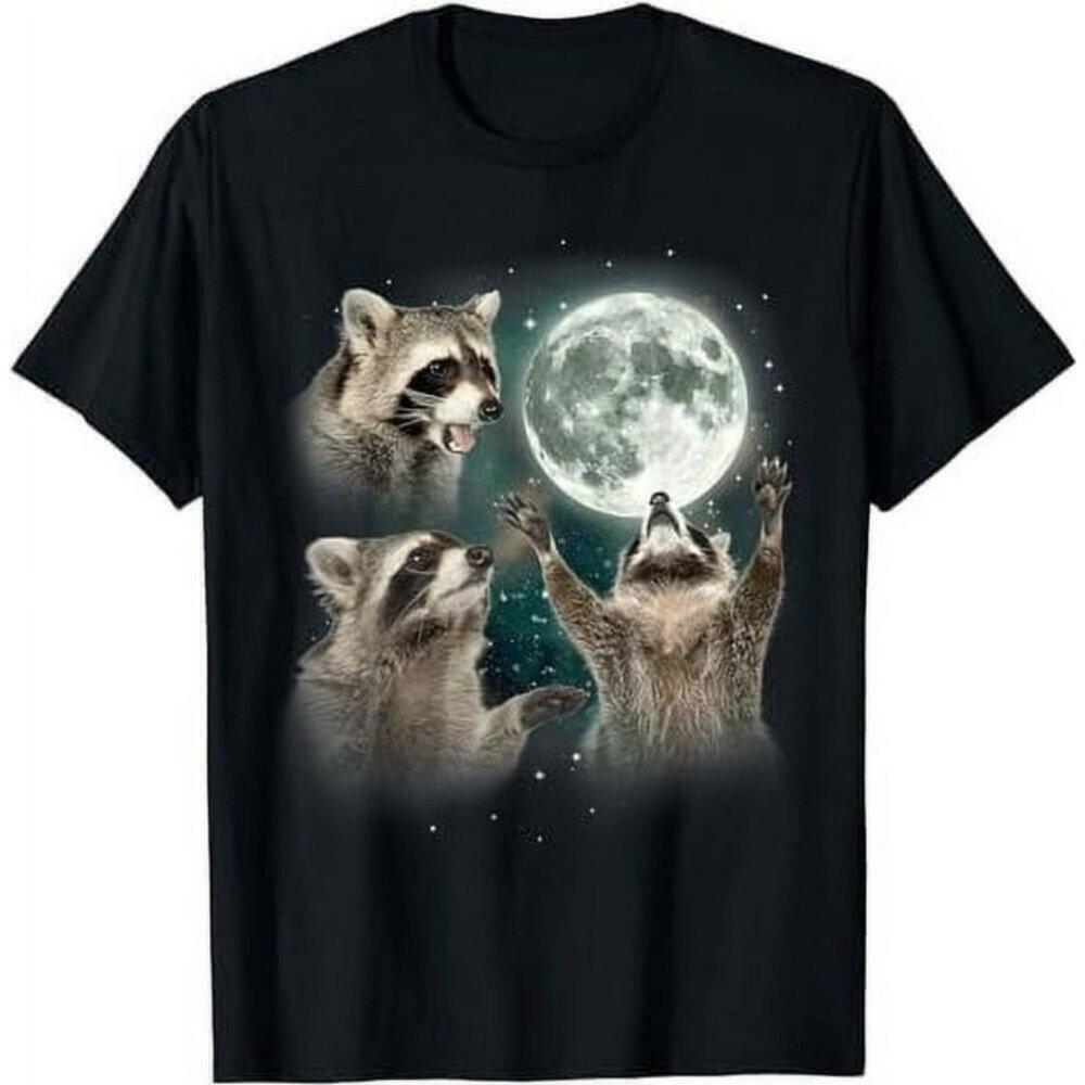 Three Raccoons Moon T Shirt Animal Graphic Meme Retro Humor Tee 17